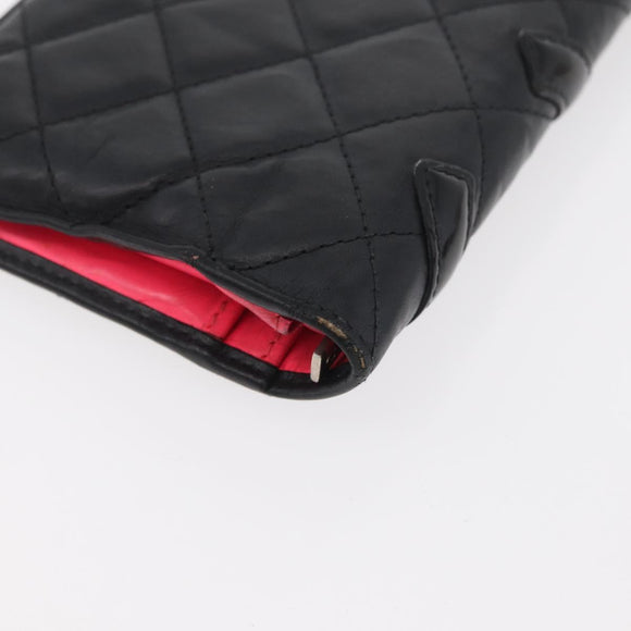CHANEL Cambon Line Long Wallet Lamb Skin Black CC Auth 176414