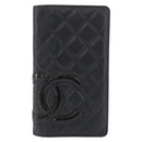 CHANEL Cambon Line Long Wallet Lamb Skin Black CC Auth 176414-2