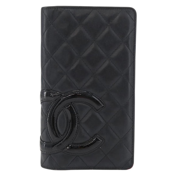 CHANEL Cambon Line Long Wallet Lamb Skin Black CC Auth 176414