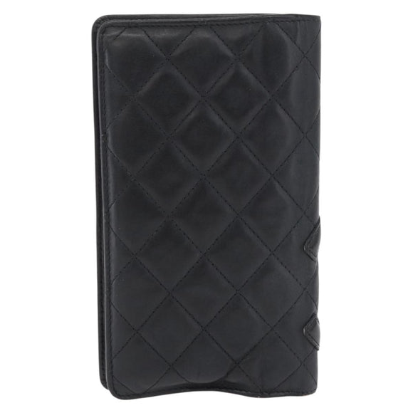CHANEL Cambon Line Long Wallet Lamb Skin Black CC Auth 176414