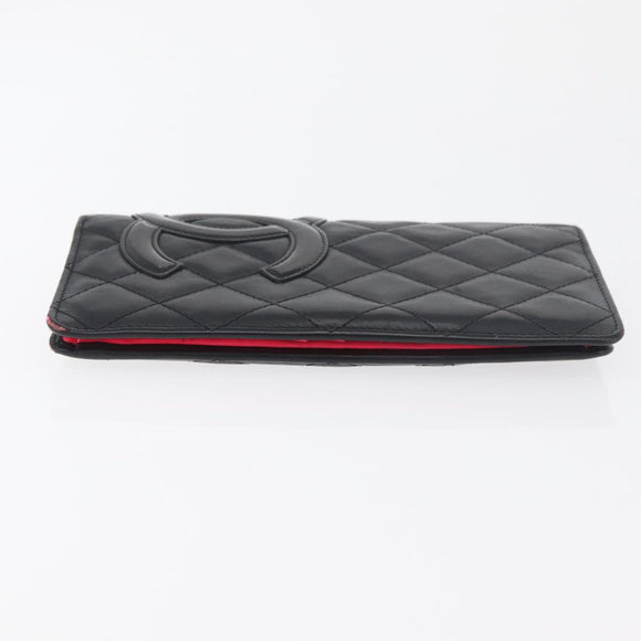 CHANEL Cambon Line Long Wallet Lamb Skin Black CC Auth 176414
