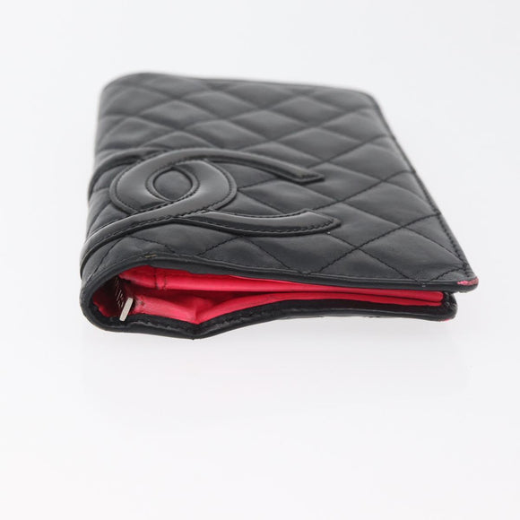 CHANEL Cambon Line Long Wallet Lamb Skin Black CC Auth 176414