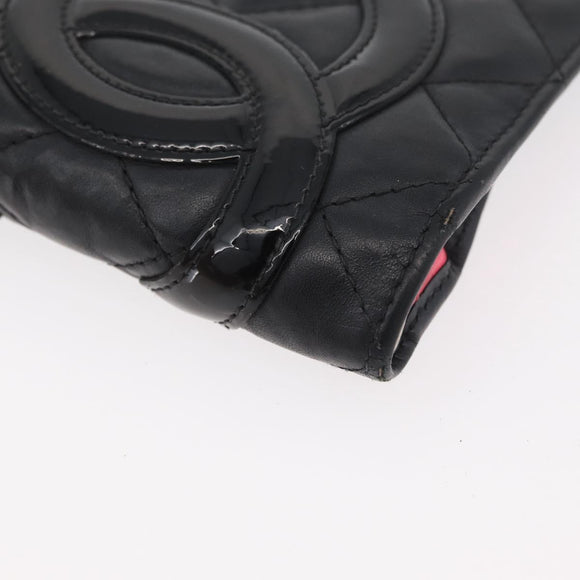 CHANEL Cambon Line Long Wallet Lamb Skin Black CC Auth 176414