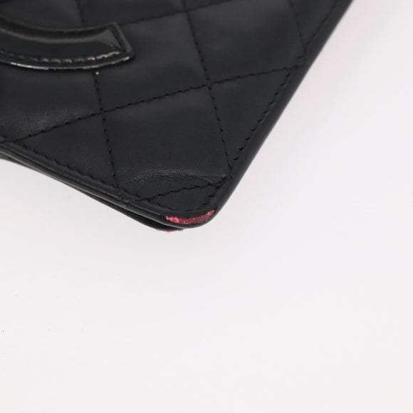 CHANEL Cambon Line Long Wallet Lamb Skin Black CC Auth 176414