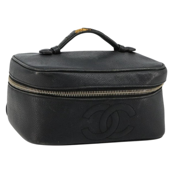 CHANEL Vanity Hand Bag Caviar Skin Black Gold CC Auth 176421