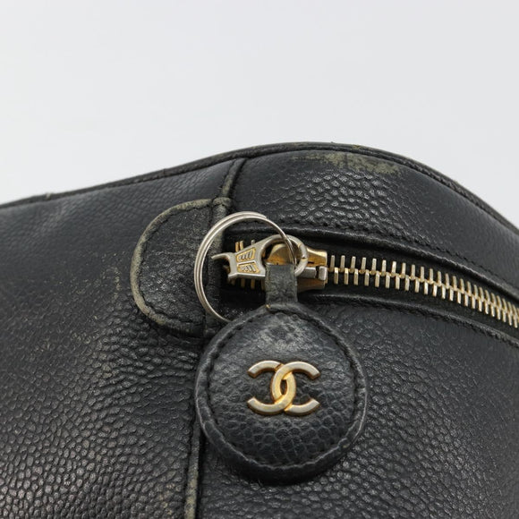 CHANEL Vanity Hand Bag Caviar Skin Black Gold CC Auth 176421