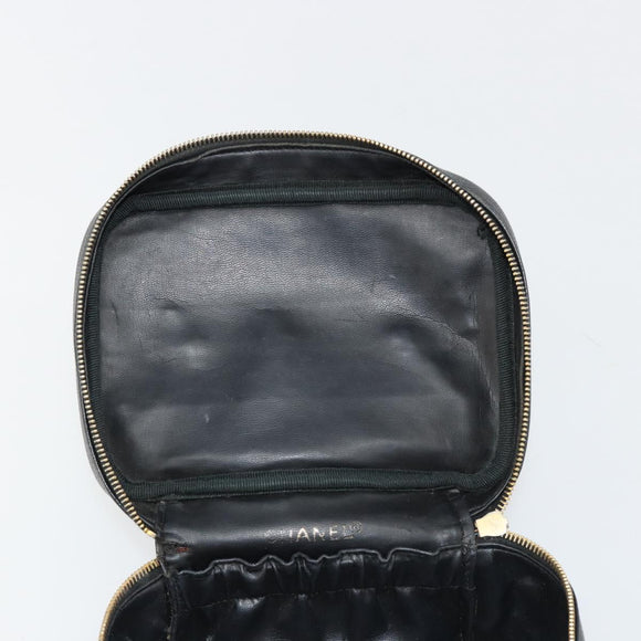 CHANEL Vanity Hand Bag Caviar Skin Black Gold CC Auth 176421