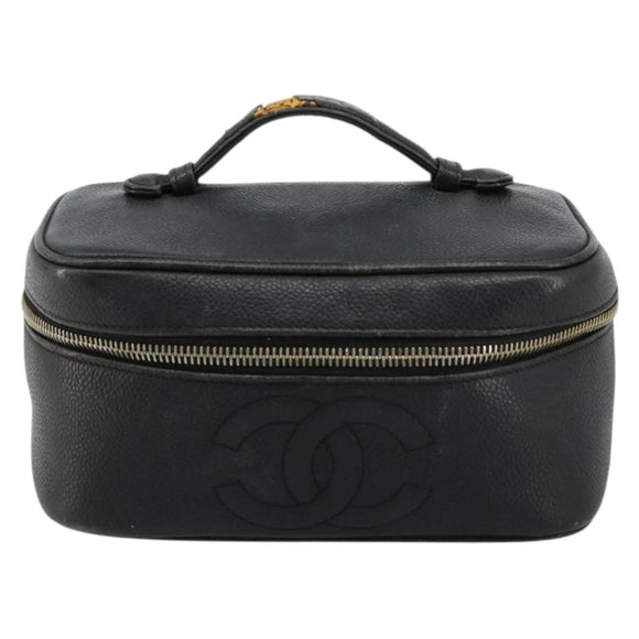 CHANEL Vanity Hand Bag Caviar Skin Black Gold CC Auth 176421