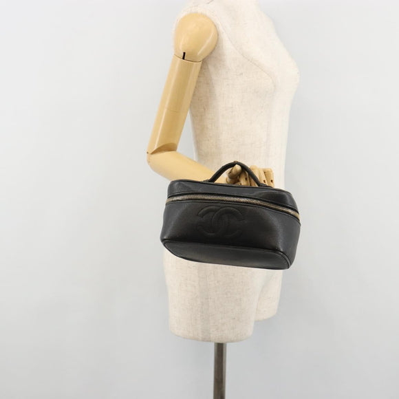 CHANEL Vanity Hand Bag Caviar Skin Black Gold CC Auth 176421