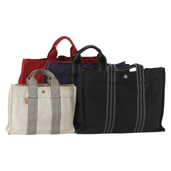 HERMES Fourre Tout Hand Bag Cotton 4 Set White Black Red Auth 176443
