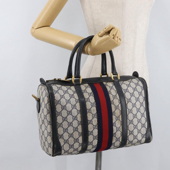 GUCCI GG Supreme Sherry Line Boston Bag PVC Navy Gold Auth 176471