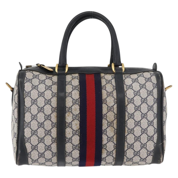 GUCCI GG Supreme Sherry Line Boston Bag PVC Navy Gold Auth 176471