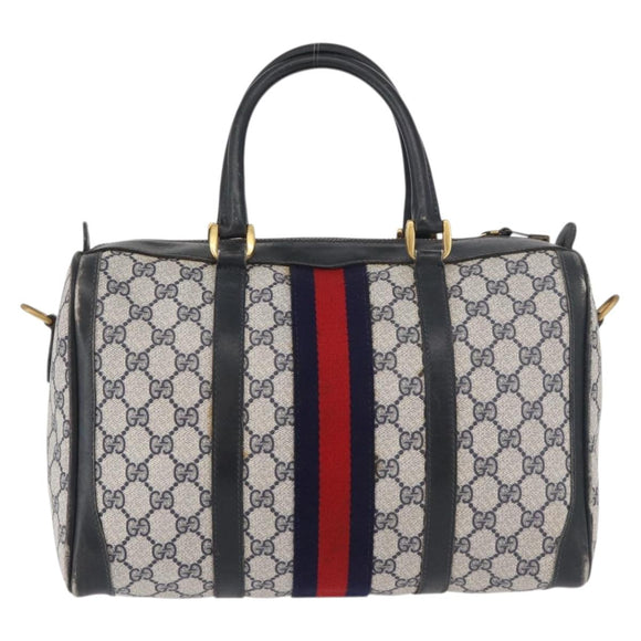 GUCCI GG Supreme Sherry Line Boston Bag PVC Navy Gold Auth 176471