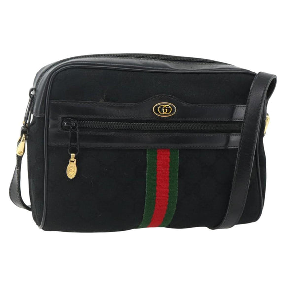 GUCCI GG Canvas Web Sherry Line Shoulder Bag Black Gold Red 010 378 Auth 176476A