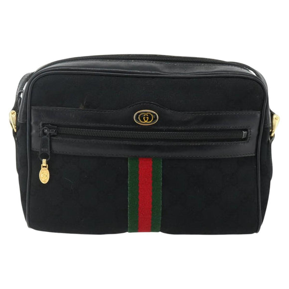 GUCCI GG Canvas Web Sherry Line Shoulder Bag Black Gold Red 010 378 Auth 176476A