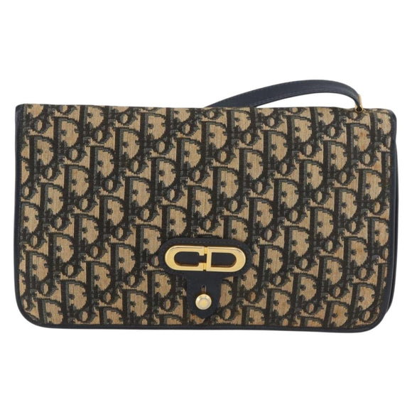 Christian Dior Trotter Canvas Shoulder Bag Navy Gold Auth 176478