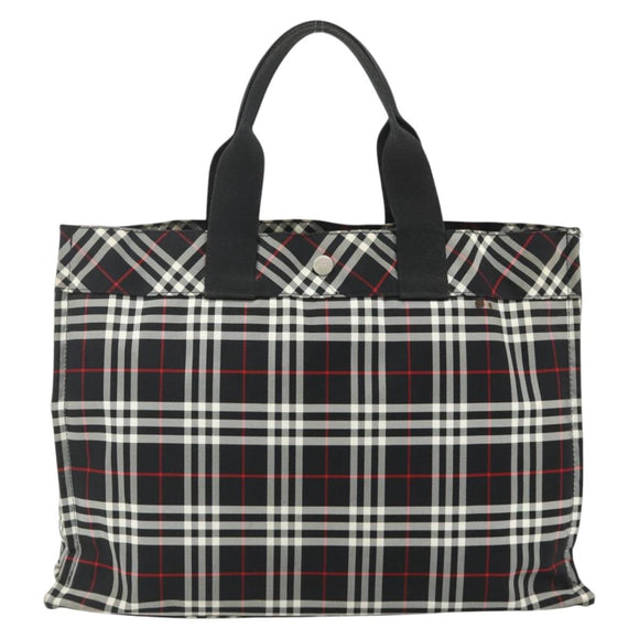 Burberrys Nova Check Blue Label Hand Bag Nylon Black Silver Auth 176492