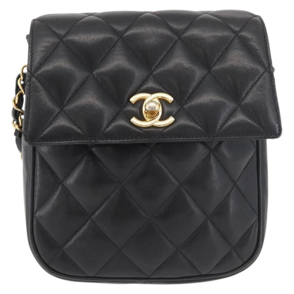 CHANEL Matelasse Chain Shoulder Bag Lamb Skin Black Gold CC Auth 176495