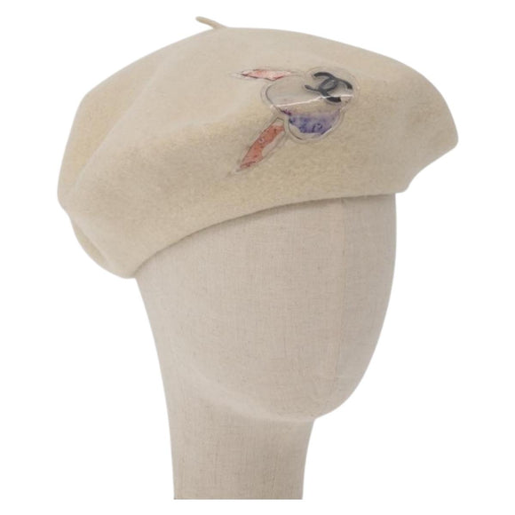 CHANEL Hat Wool Ivory CC Auth 176523A