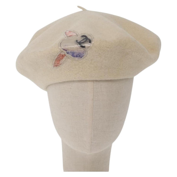 CHANEL Hat Wool Ivory CC Auth 176523A