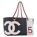 CHANEL Choco Bar Chain Tote Bag No5 Canvas Navy Silver CC Auth 176537-1
