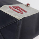 CHANEL Choco Bar Chain Tote Bag No5 Canvas Navy Silver CC Auth 176537-14
