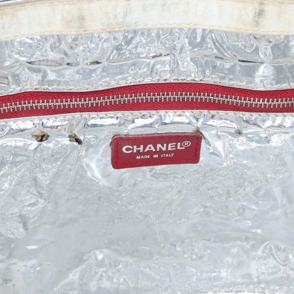 CHANEL Choco Bar Chain Tote Bag No5 Canvas Navy Silver CC Auth 176537