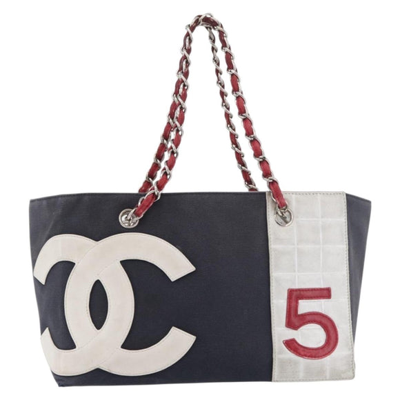 CHANEL Choco Bar Chain Tote Bag No5 Canvas Navy Silver CC Auth 176537