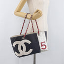 CHANEL Choco Bar Chain Tote Bag No5 Canvas Navy Silver CC Auth 176537-21