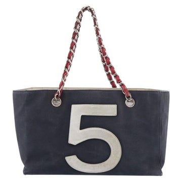 CHANEL Choco Bar Chain Tote Bag No5 Canvas Navy Silver CC Auth 176537 - 0