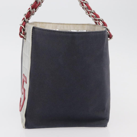 CHANEL Choco Bar Chain Tote Bag No5 Canvas Navy Silver CC Auth 176537