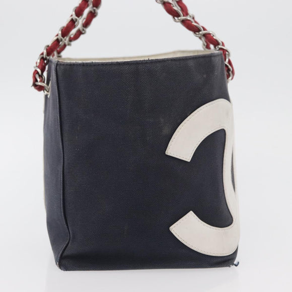 CHANEL Choco Bar Chain Tote Bag No5 Canvas Navy Silver CC Auth 176537