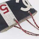 CHANEL Choco Bar Chain Tote Bag No5 Canvas Navy Silver CC Auth 176537-6