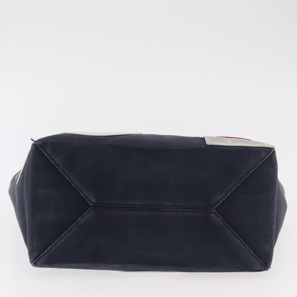 CHANEL Choco Bar Chain Tote Bag No5 Canvas Navy Silver CC Auth 176537