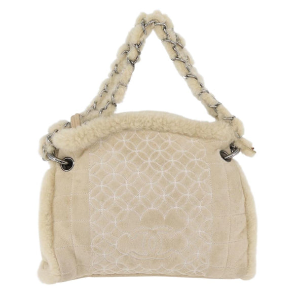 CHANEL Choco Bar Chain Tote Bag Mouton Ivory Silver CC Auth 176557
