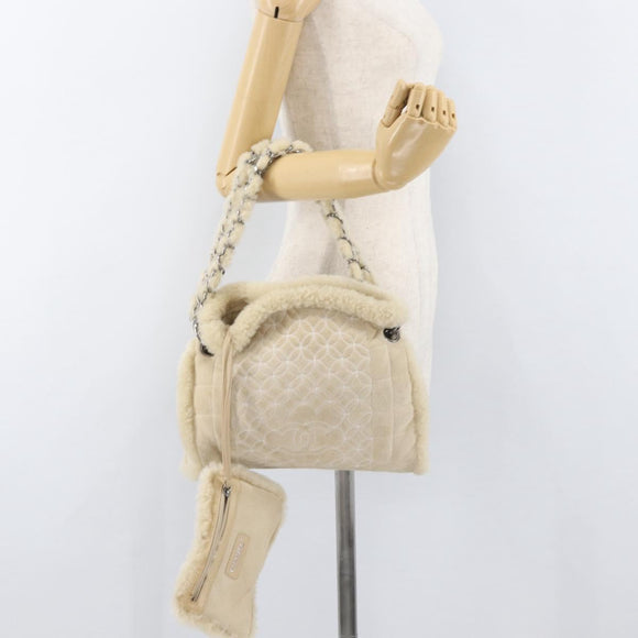 CHANEL Choco Bar Chain Tote Bag Mouton Ivory Silver CC Auth 176557