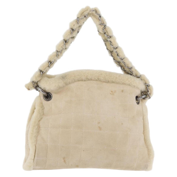 CHANEL Choco Bar Chain Tote Bag Mouton Ivory Silver CC Auth 176557