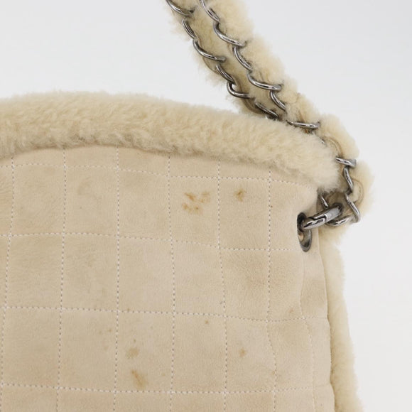 CHANEL Choco Bar Chain Tote Bag Mouton Ivory Silver CC Auth 176557