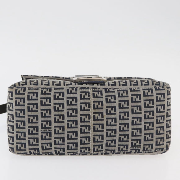 FENDI Zucchino Canvas Mamma Baguette Schoudertas Marine Zilver Auth 176566V