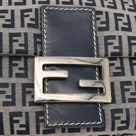 FENDI Zucchino Canvas Mamma Baguette Schoudertas Marine Zilver Auth 176566V