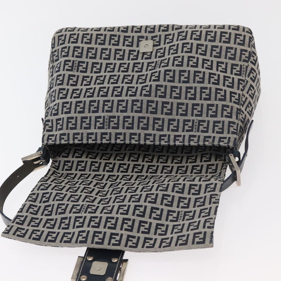 FENDI Zucchino Canvas Mamma Baguette Shoulder Bag Navy Silver Auth 176566V