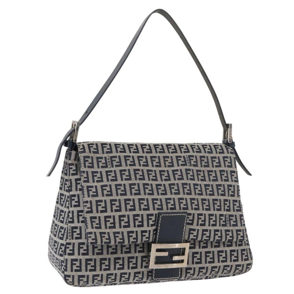 FENDI Zucchino Canvas Mamma Baguette Schoudertas Marine Zilver Auth 176566V