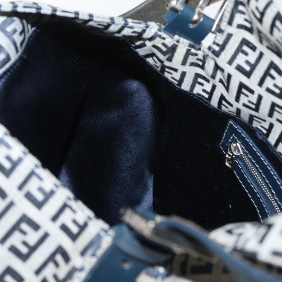 FENDI Zucchino Canvas Mamma Baguette Schoudertas Marine Zilver Auth 176566V