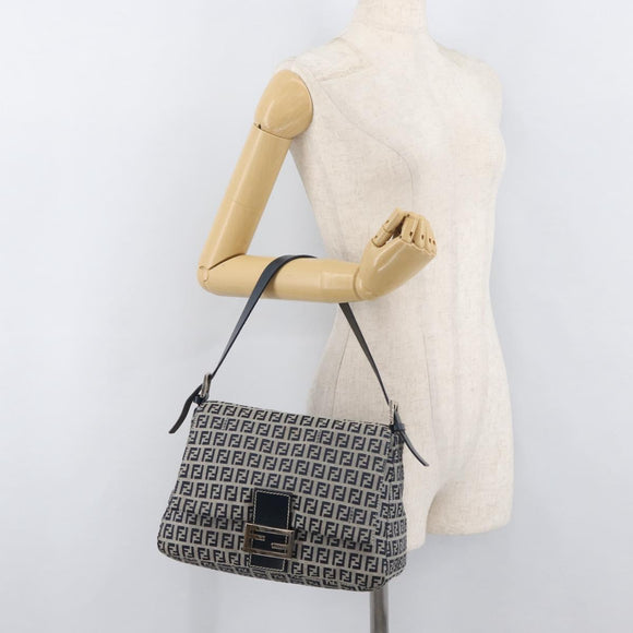 FENDI Zucchino Canvas Mamma Baguette Schoudertas Marine Zilver Auth 176566V
