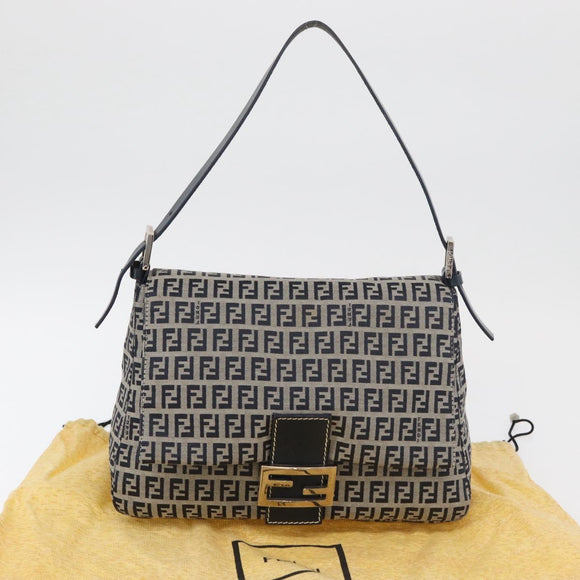 FENDI Zucchino Canvas Mamma Baguette Shoulder Bag Navy Silver Auth 176566V
