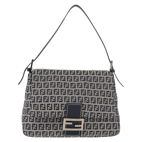 FENDI Zucchino Canvas Mamma Baguette Schoudertas Marine Zilver Auth 176566V
