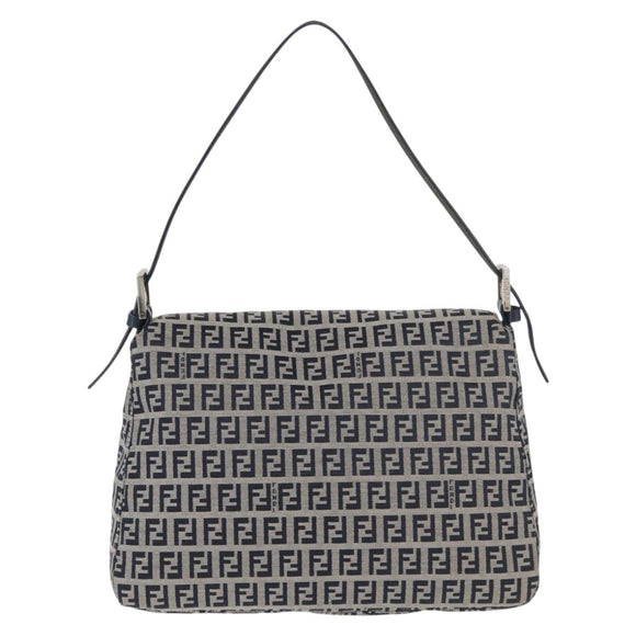 FENDI Zucchino Canvas Mamma Baguette Schoudertas Marine Zilver Auth 176566V