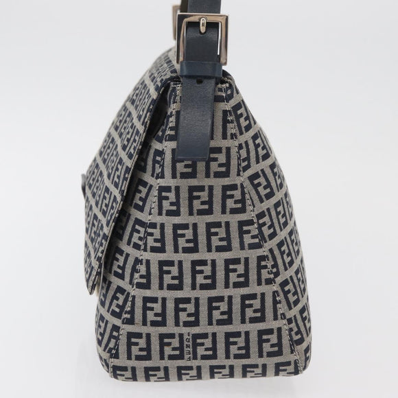 FENDI Zucchino Canvas Mamma Baguette Schoudertas Marine Zilver Auth 176566V