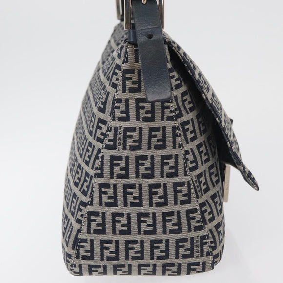 FENDI Zucchino Canvas Mamma Baguette Schoudertas Marine Zilver Auth 176566V