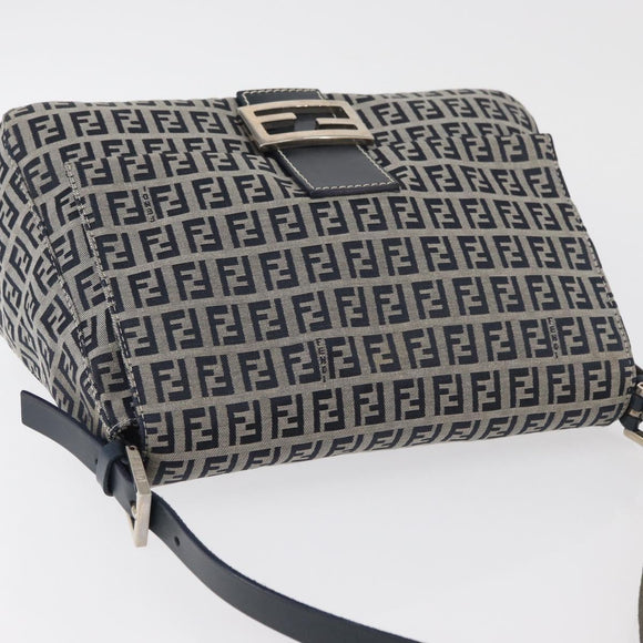 FENDI Zucchino Canvas Mamma Baguette Schoudertas Marine Zilver Auth 176566V